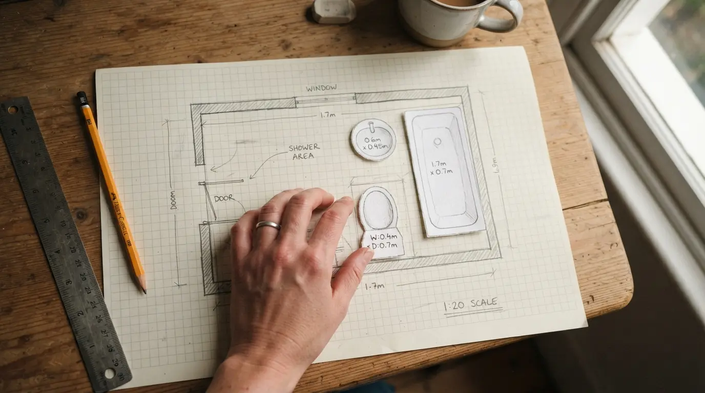 Scaled bathroom floor plan with paper cut-out fixtures being arranged