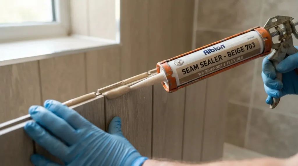 Applying seam sealer to the tongue edge of a bathroom wall panel