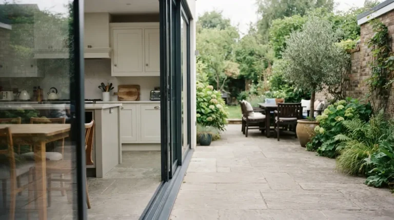 Slim aluminium sliding patio doors open onto a garden with matching flooring