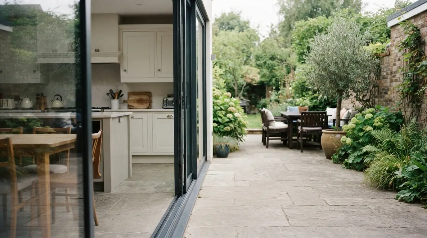 Slim aluminium sliding patio doors open onto a garden with matching flooring
