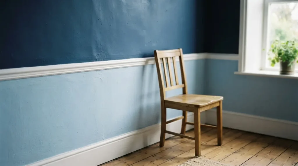 Wall painted in two shades of blue split at a dado rail