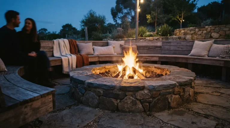 Sunken fire pit with wraparound timber bench seating in a garden at dusk
