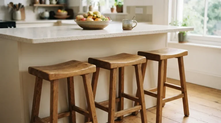 Three backless wood bar stools tucked under a kitchen island counter