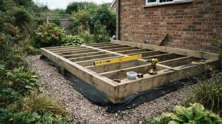 Timber joist frame for garden decking being assembled over gravel base