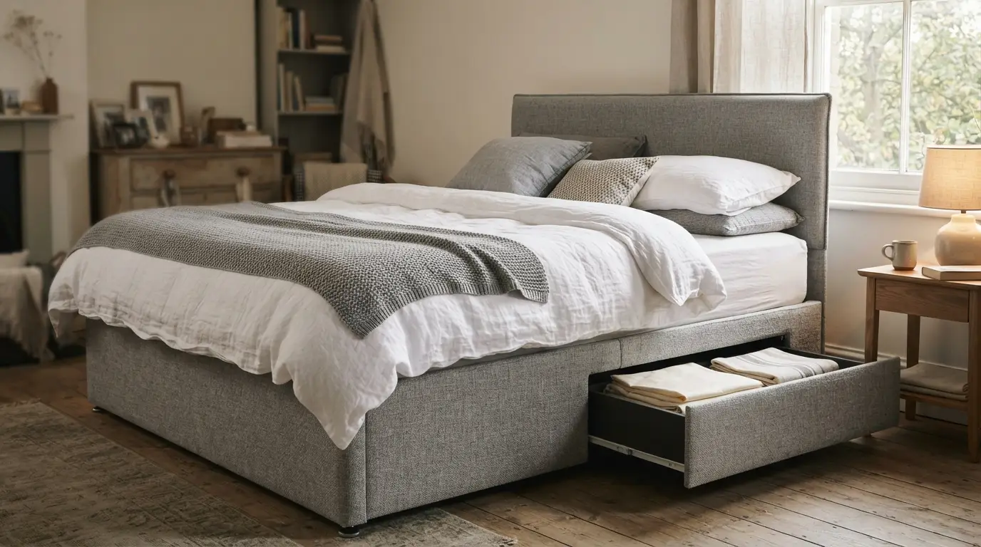 Upholstered divan bed frame with drawer storage in a bright bedroom
