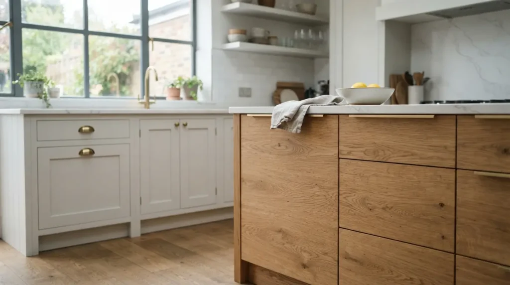 Shaker and slab kitchen cabinet doors compared side by side in a kitchen