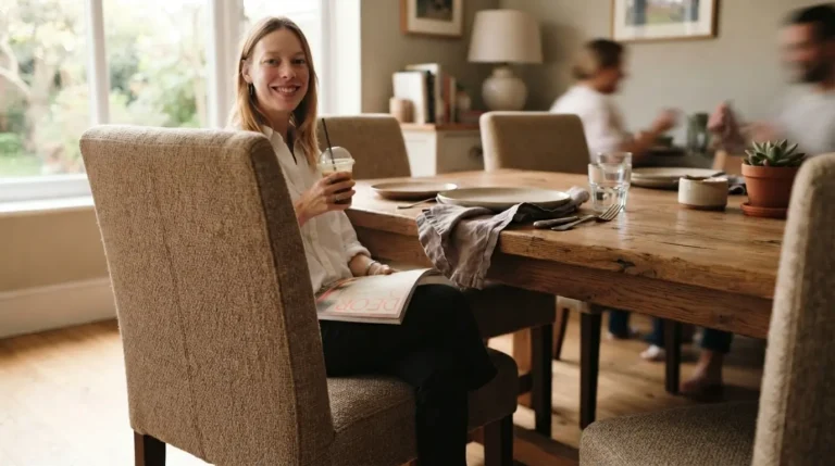 Upholstered Parsons dining chairs in performance fabric around a wood dining table"