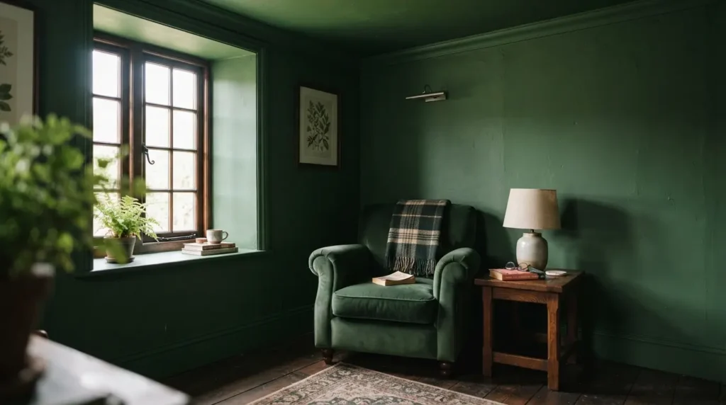 Colour-drenched deep green room with matching walls, ceiling, and woodwork