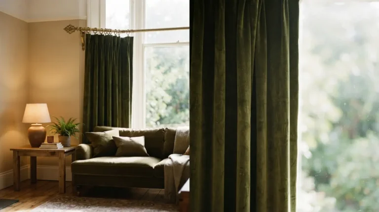 Velvet curtains hanging on a decorative pole in a warm living room