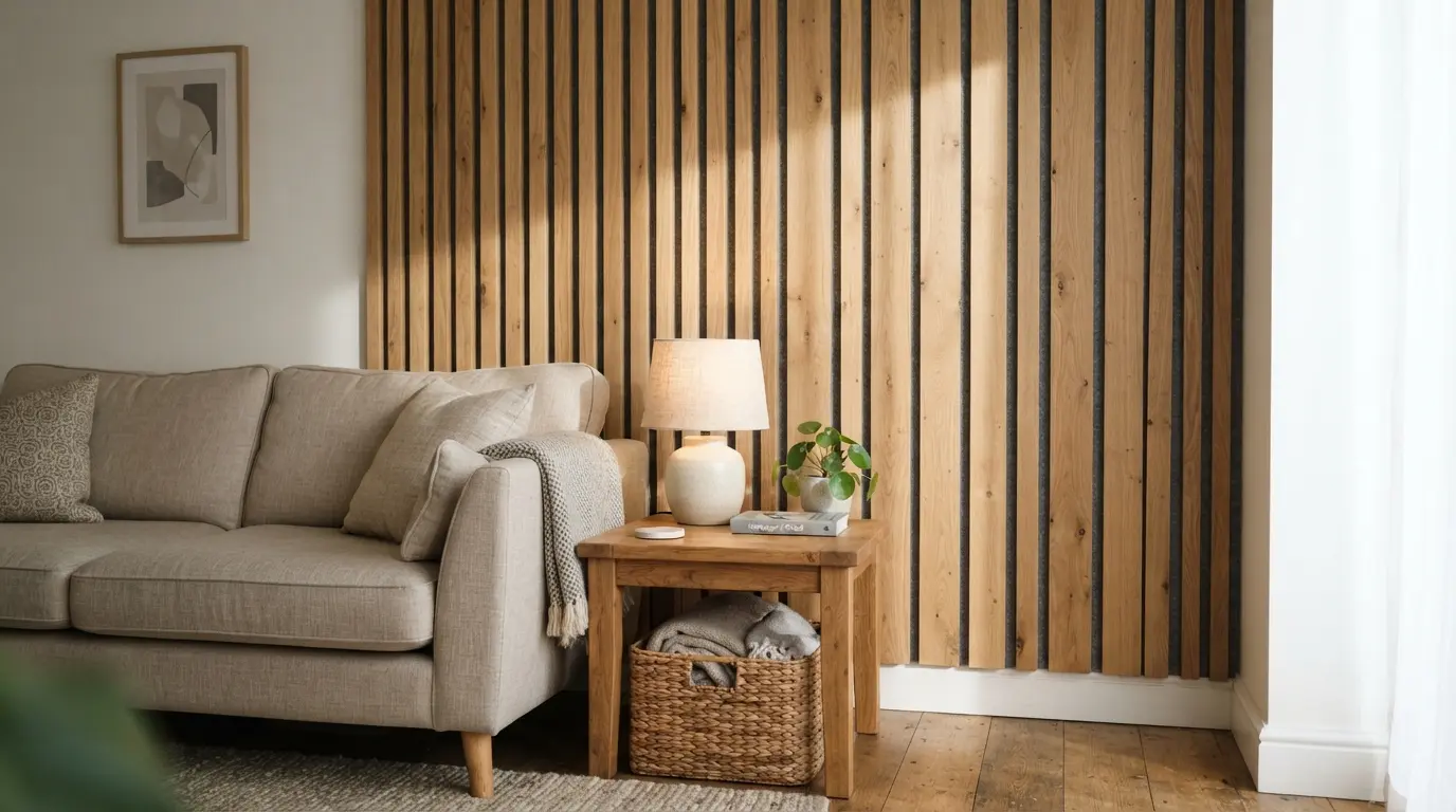 Vertical oak acoustic slat panel behind a living room sofa