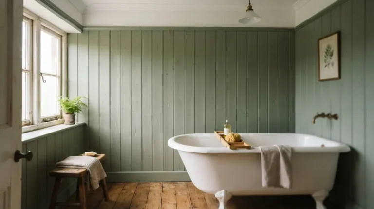 Vertical tongue and groove panelling painted sage green in a bathroom