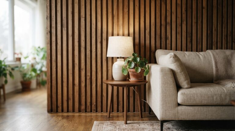 Vertical wood slat feature wall behind a living room sofa
