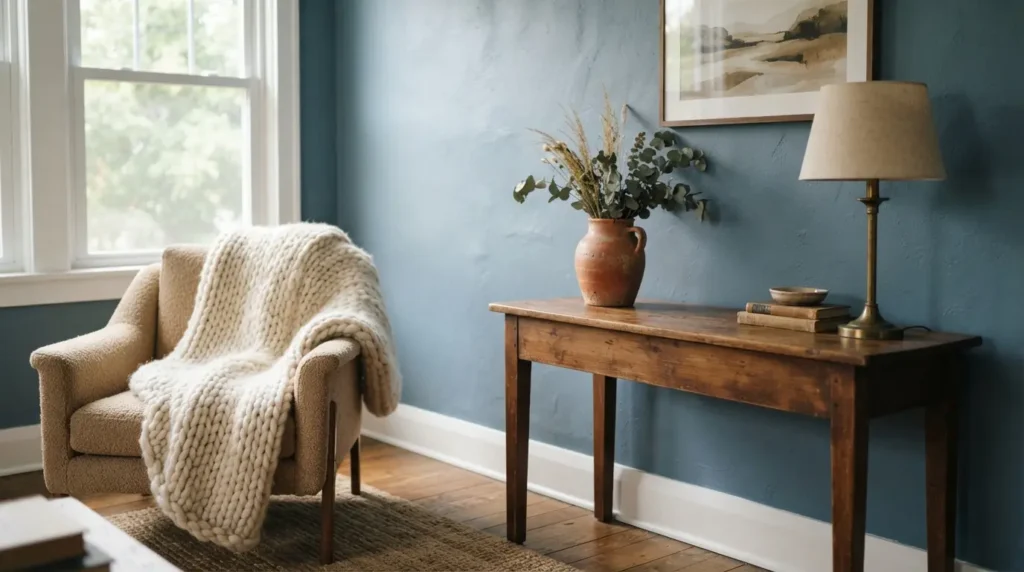 Warm-toned blue living room wall paired with walnut furniture and brass accents