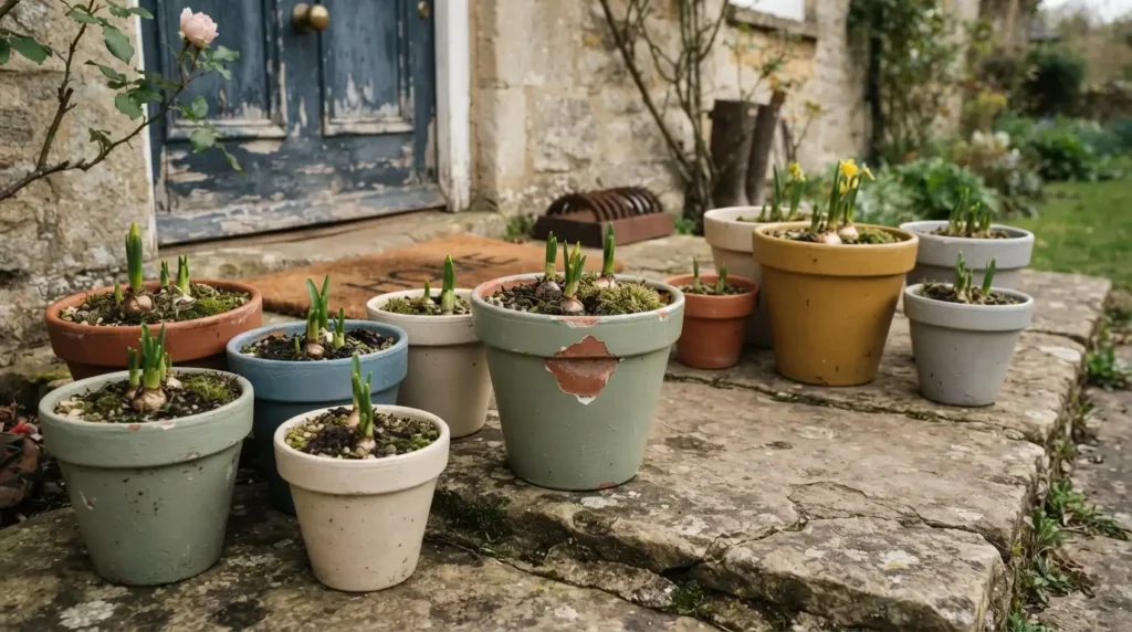 Cheap front garden ideas using reclaimed pots and divided perennial plants