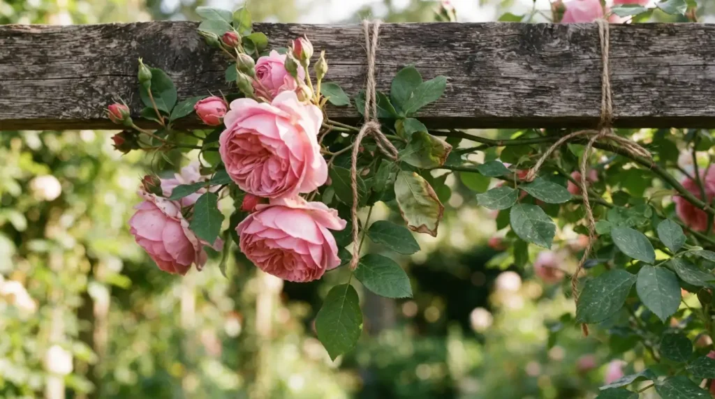 Climbing roses trained up a finished timber pergola