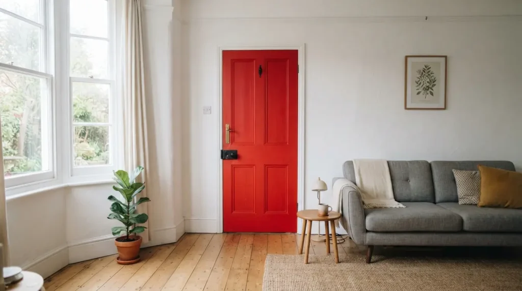 Contrasting bold red door against plain white living room walls