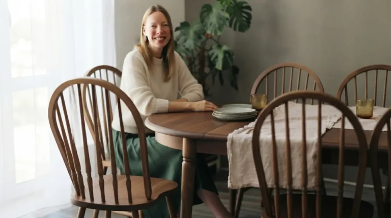 Windsor spindle-back dining chairs around a dark oval wood table
