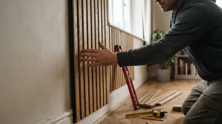 Wood slat acoustic wall panel being fitted to a living room wall