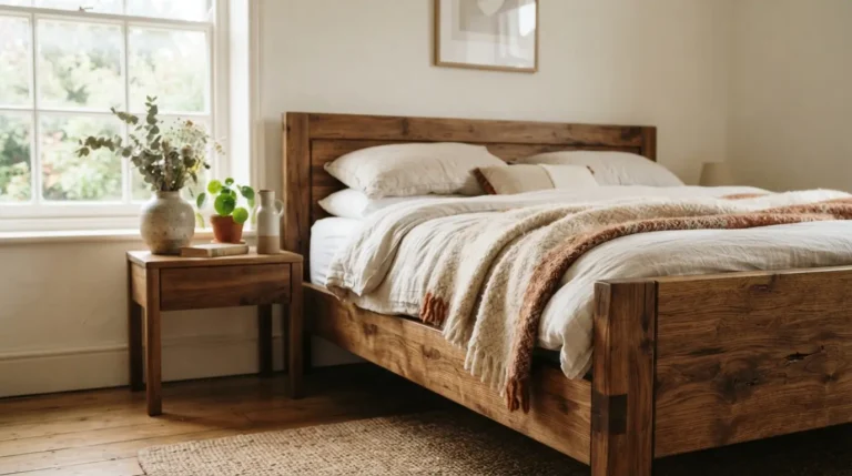 Warm walnut wooden bed frame in a naturally lit bedroom with layered textiles
