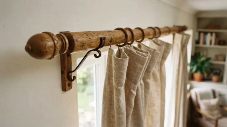 Wooden curtain pole with decorative finials mounted above a window