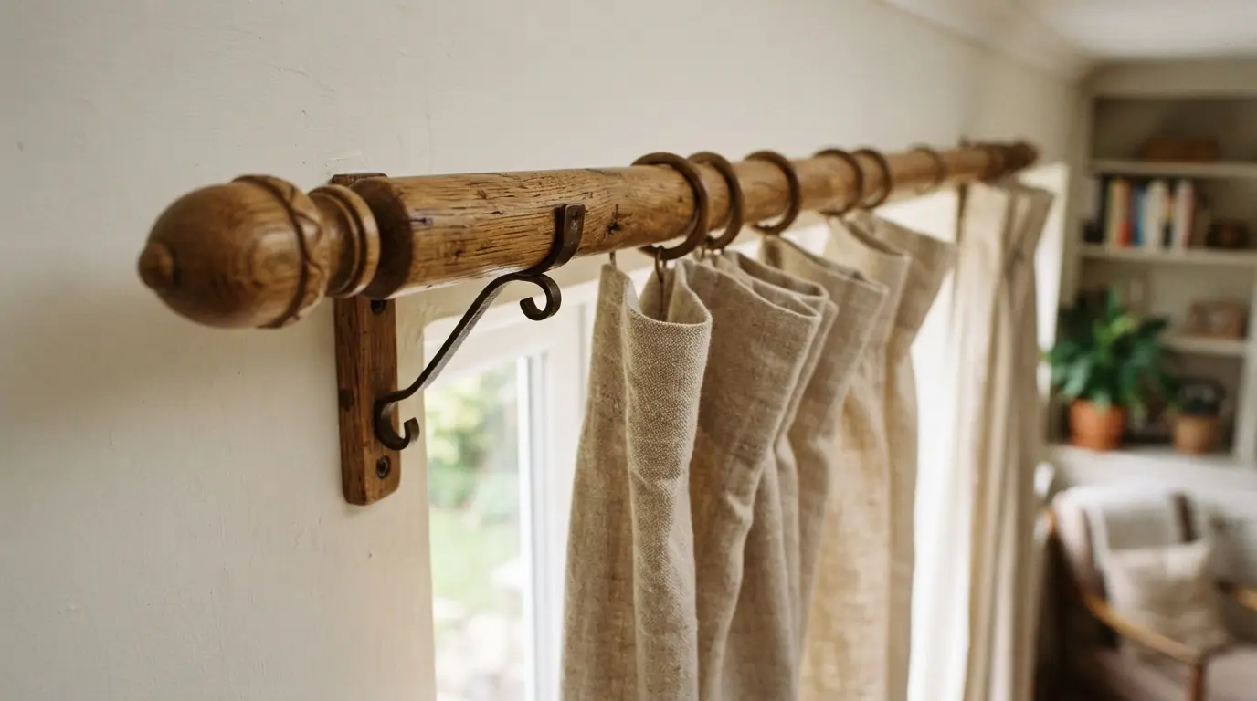 Wooden curtain pole with decorative finials mounted above a window