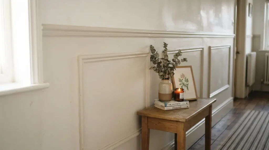 Wooden moulding panel effect applied to a hallway wall with dado rail