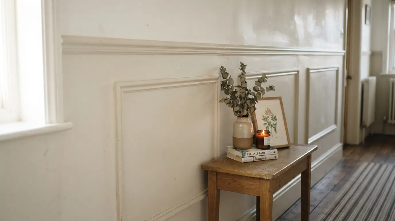 Wooden moulding panel effect applied to a hallway wall with dado rail