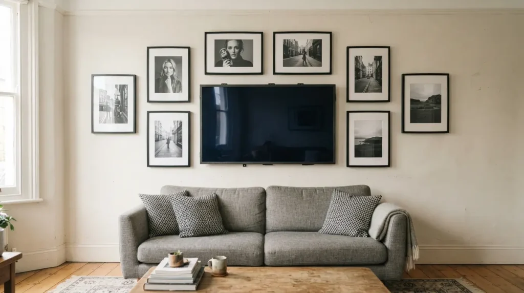 Monochrome gallery wall framing a wall-mounted TV in a living room
