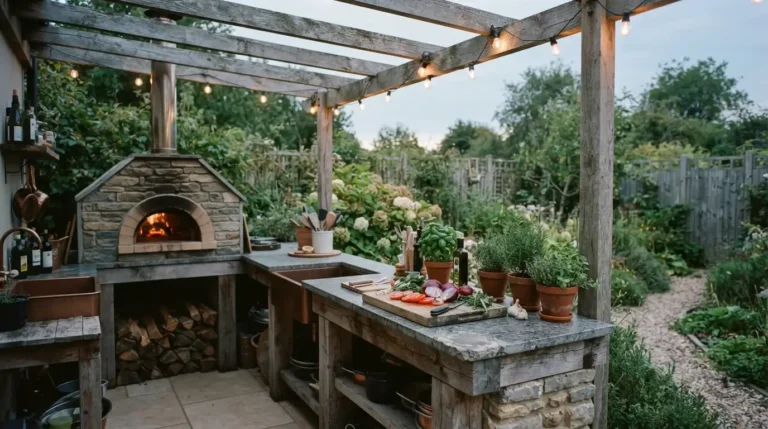 Covered outdoor kitchen with pizza oven and stone worktop in a garden entertaining space