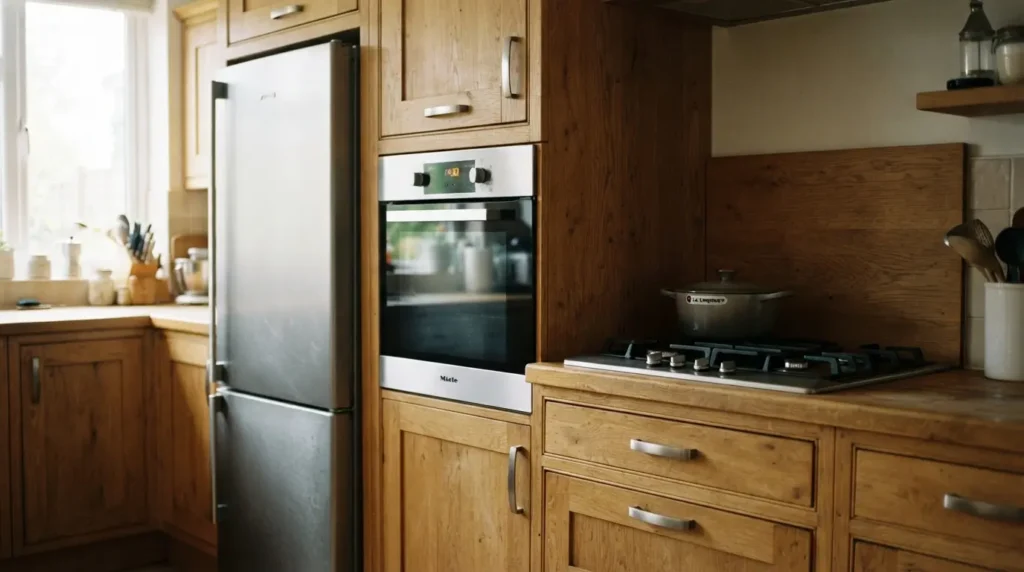 Coordinated stainless steel kitchen appliances built into matching cabinetry