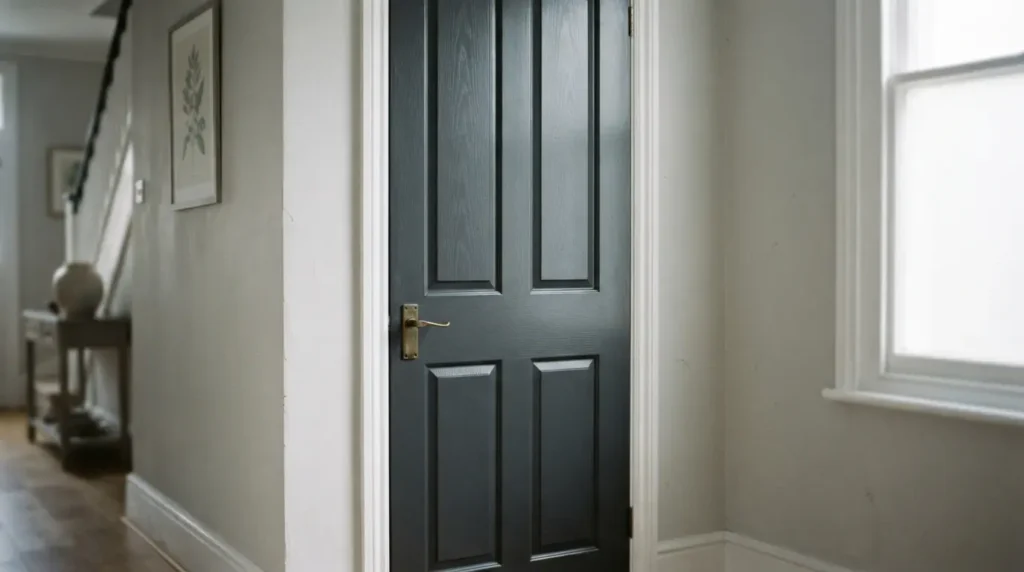 Charcoal painted interior door as a feature against pale walls