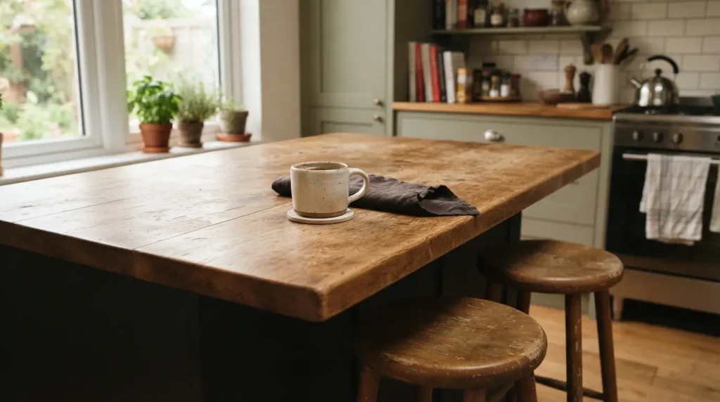Small kitchen island with breakfast bar overhang and tucked-in stools for casual seating