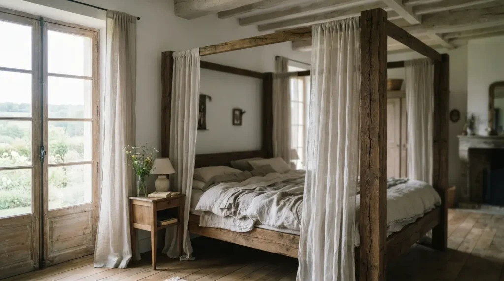 Canopy four-poster bed frame in a bedroom with high ceilings