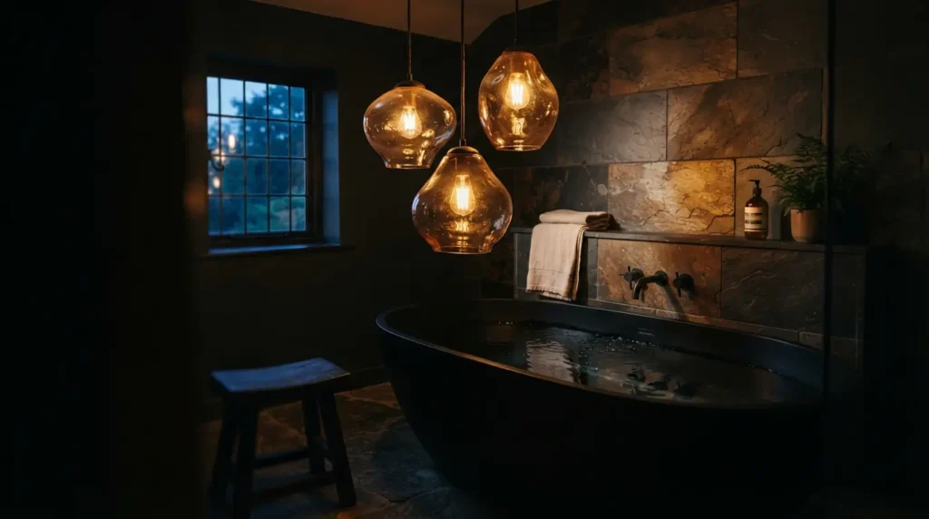 A Cluster of Pendants Above the Bath for Atmosphere