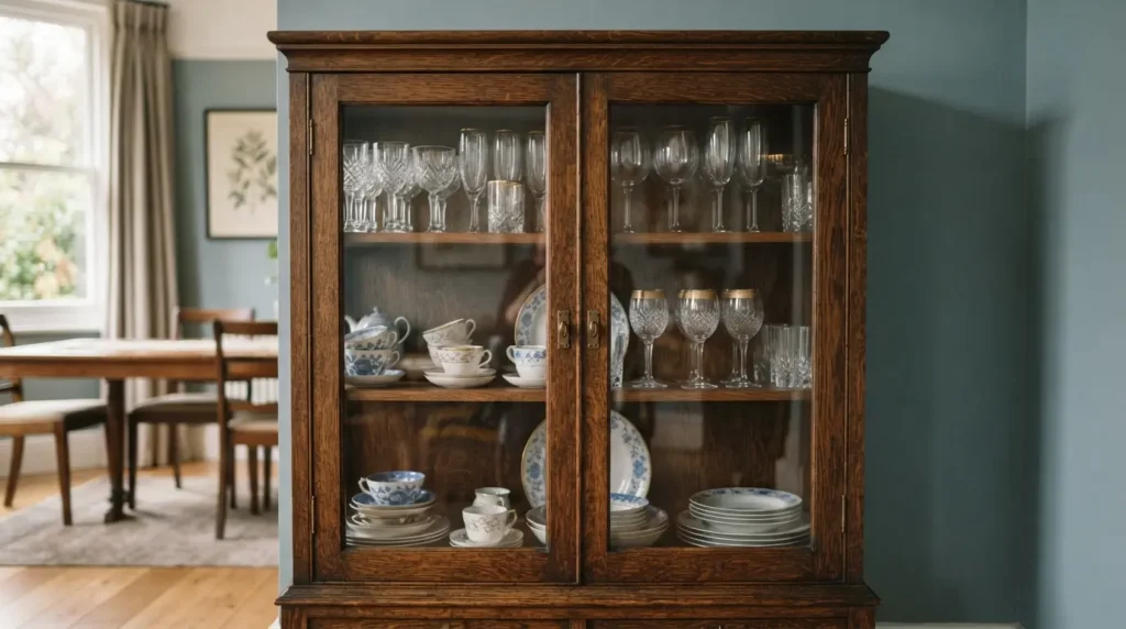 Glass-fronted display cabinet showcasing glassware in a dining room