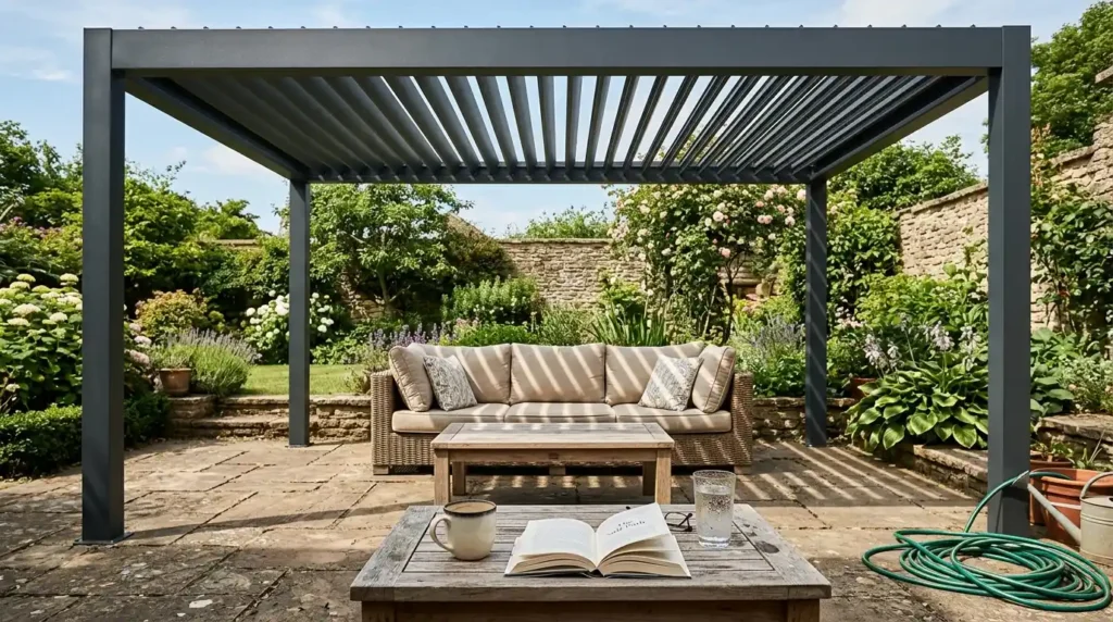 Louvred aluminium pergola with adjustable roof slats over an outdoor dining set