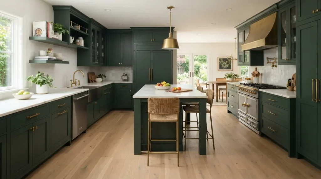 A Neutral Floor Under Coloured Cabinets