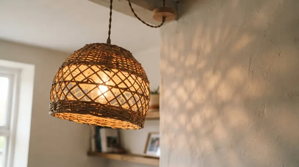 Rattan pendant light casting a soft diffused glow in a bathroom