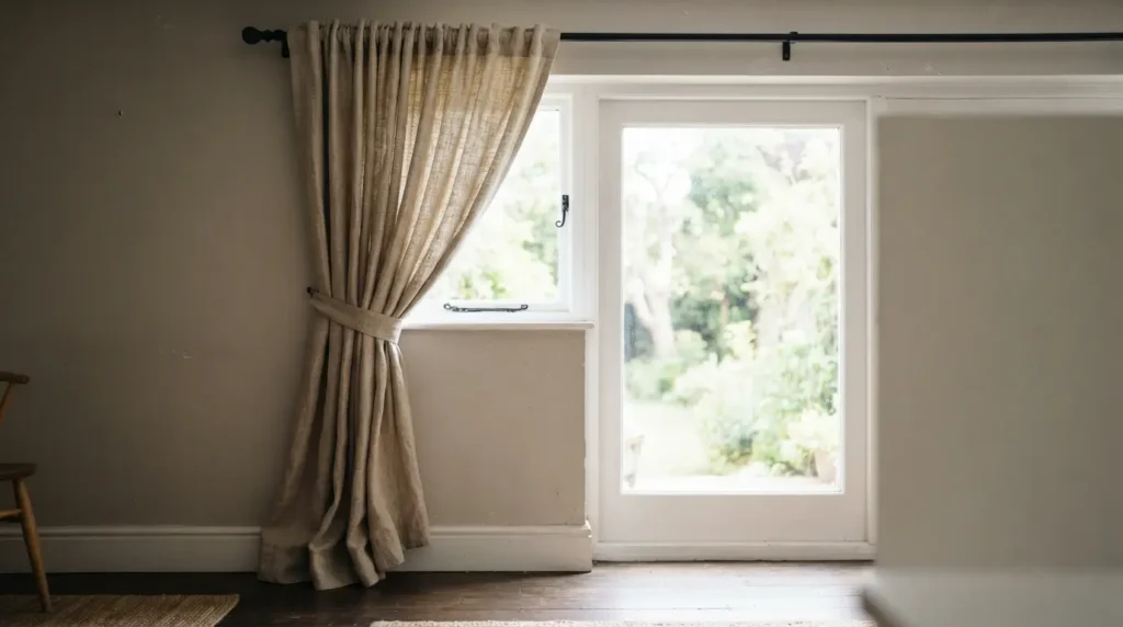 Single wide curtain pulled to one side of French doors