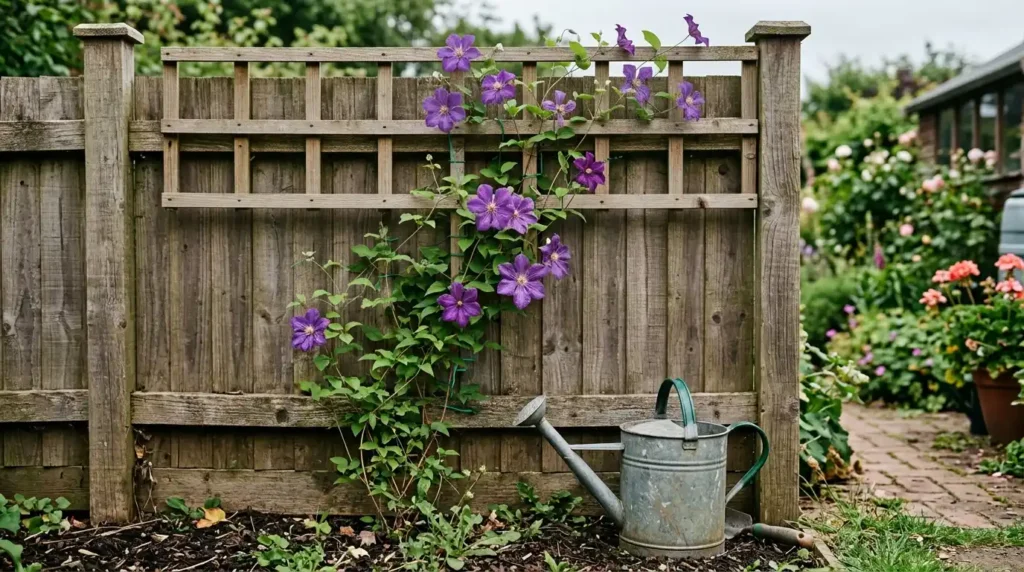 Trellis topped garden fence with climbing clematis for added privacy