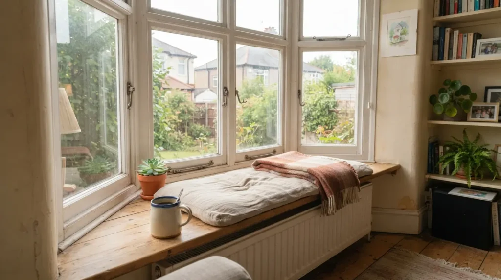 Interior bay window frame with a built-in window seat and cushions