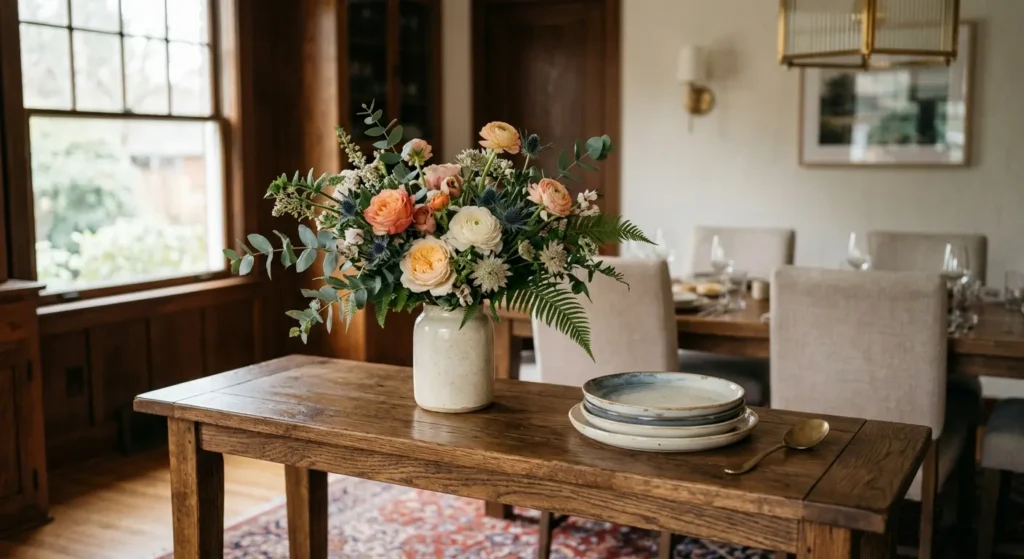 Console table styled with fresh flowers beside a dining room