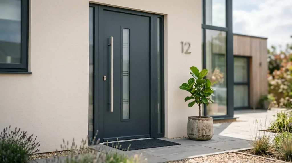 Anthracite grey front door on a modern new-build home