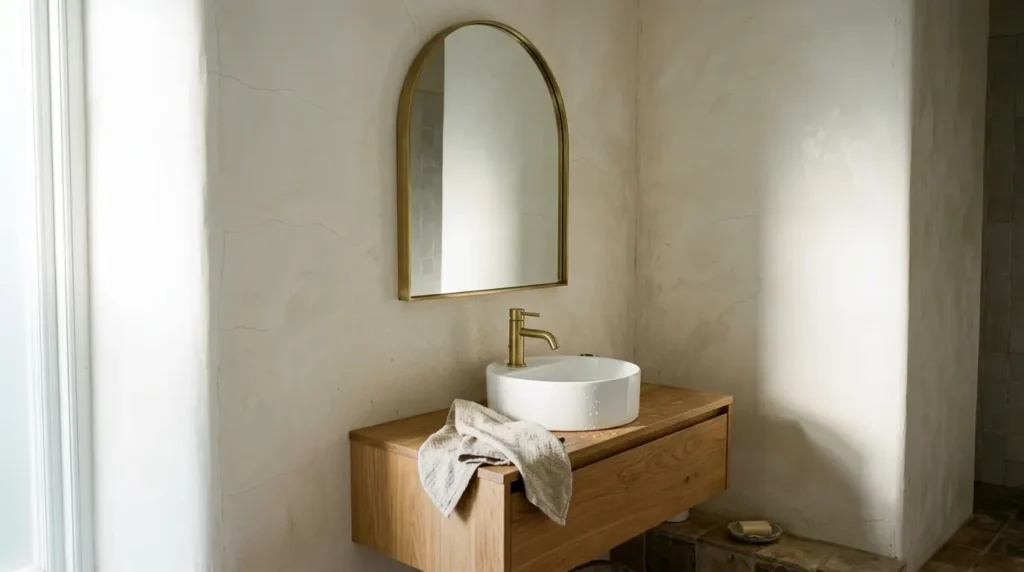Arched brushed brass bathroom mirror above an oak vanity, one of 15 bathroom mirror ideas for every style and size