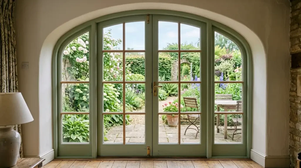 Arched timber French doors with sidelights opening onto a garden