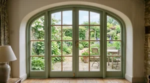 Arched timber French doors with sidelights opening onto a garden