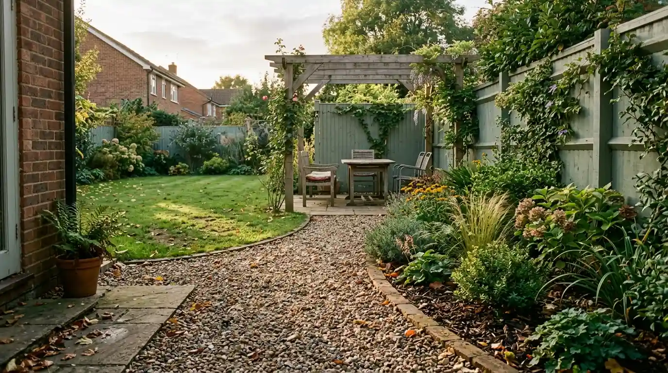 Back garden with curved border, gravel path and small patio, showing how to plan a garden layout from scratch
