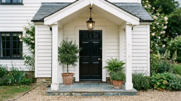 Black front door framed by a portico against a white house exterior