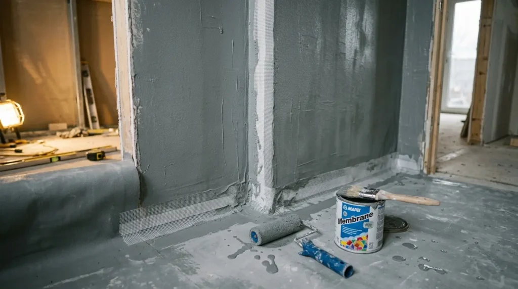 Grey waterproof membrane and reinforcing tape applied to a shower wall and floor junction before tiling