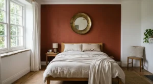 Bold feature wall behind a bed setting the tone for a bedroom scheme